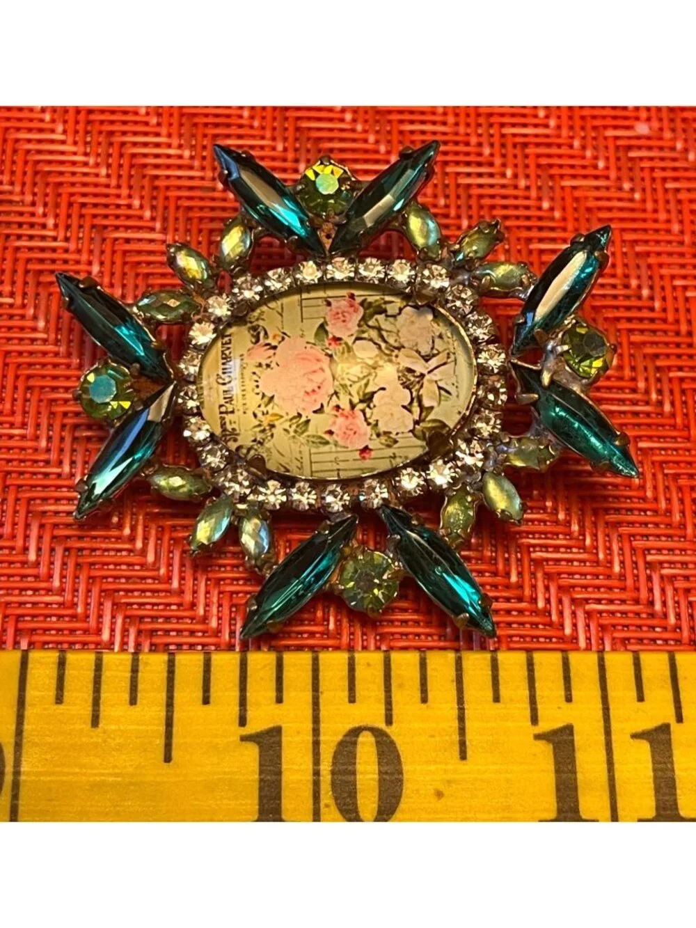 Vintage Czech Paul Charvet Floral Glass Brooch With Emerald Green Rhinestones Pi